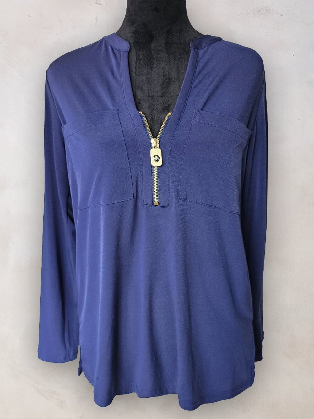 MICHAEL Michael Kors Navy Blue Gold Zipper Neck Tunic Top Blouse